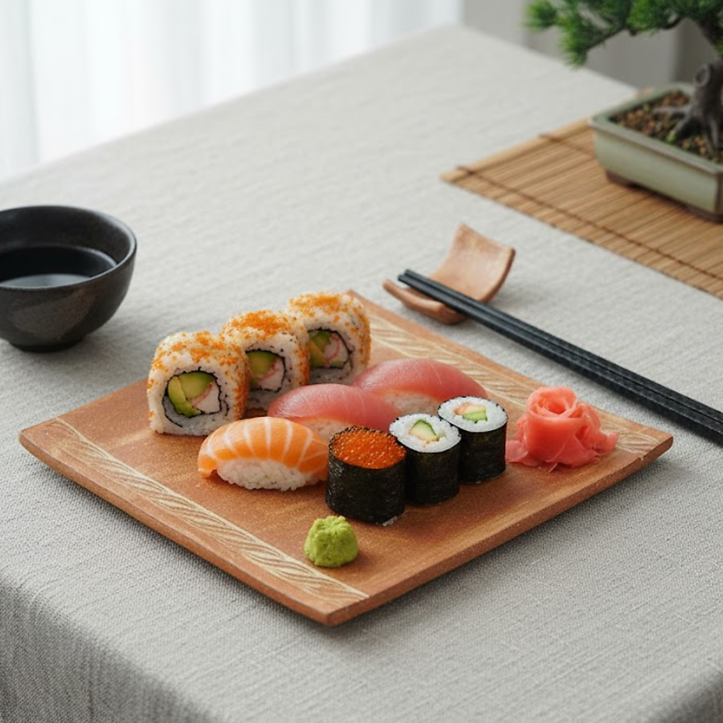 Handmade square terracotta ceramic sushi plate with a matte finish and hand-etched white wave patterns on the edges, styled with fresh sushi and a bonsai tree in the background.