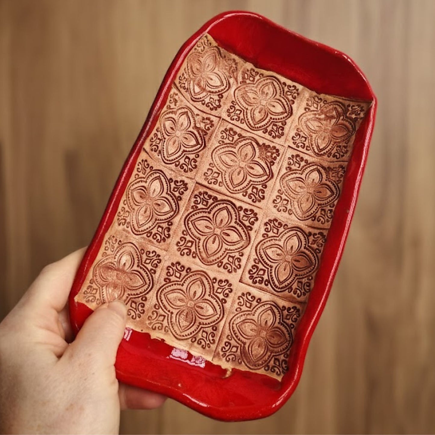 Handmade Red Ceramic Serving Tray with Embossed Ornaments – Artisan Stoneware