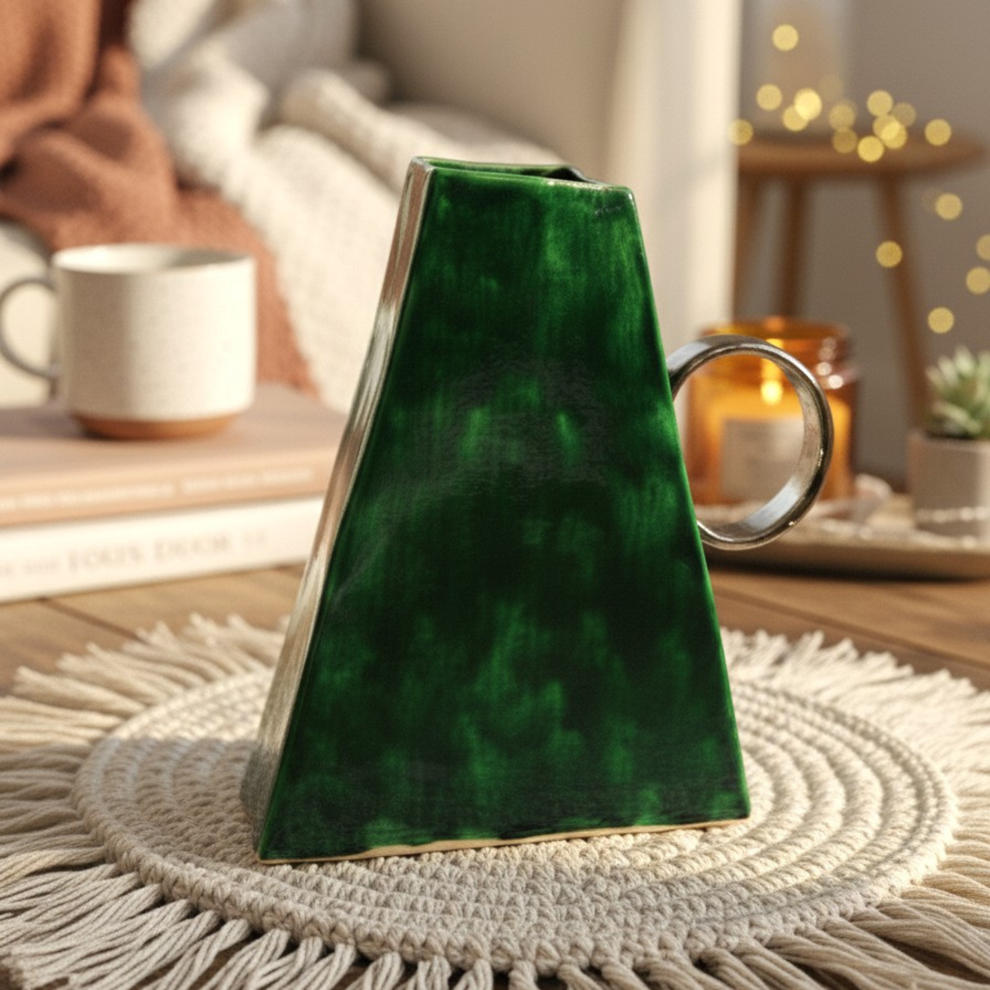 Green decorative vase on a textured surface with a cozy indoor setting in the background