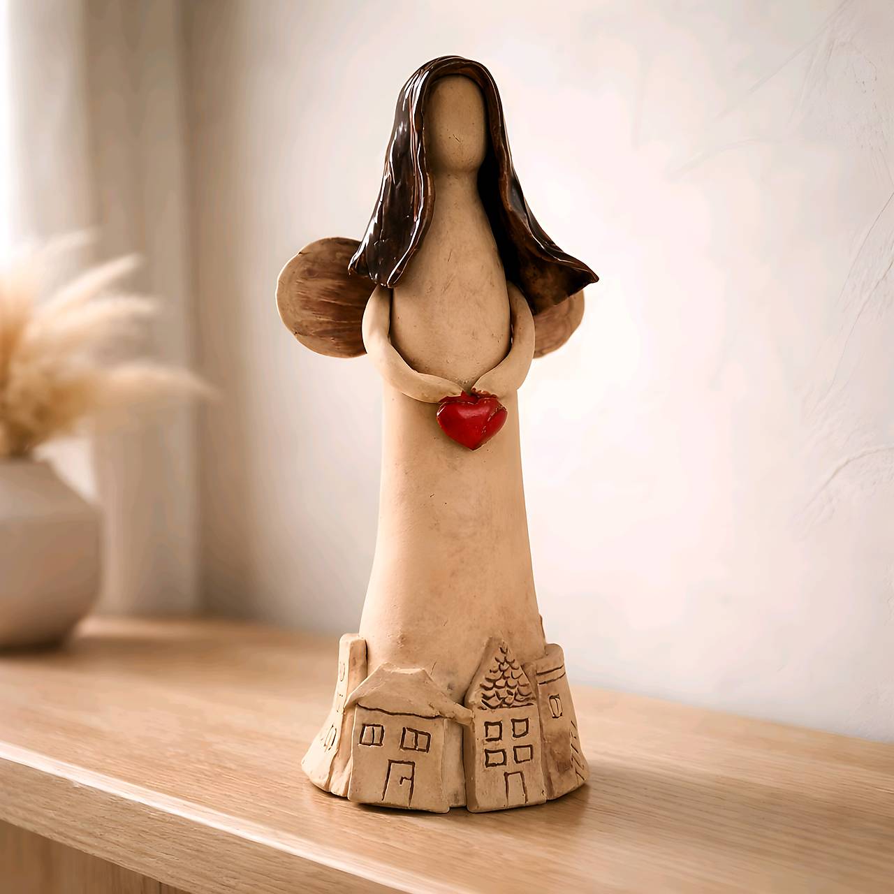 Handmade Ceramic Guardian Angel Figurine with Red Heart – Protector of the Home