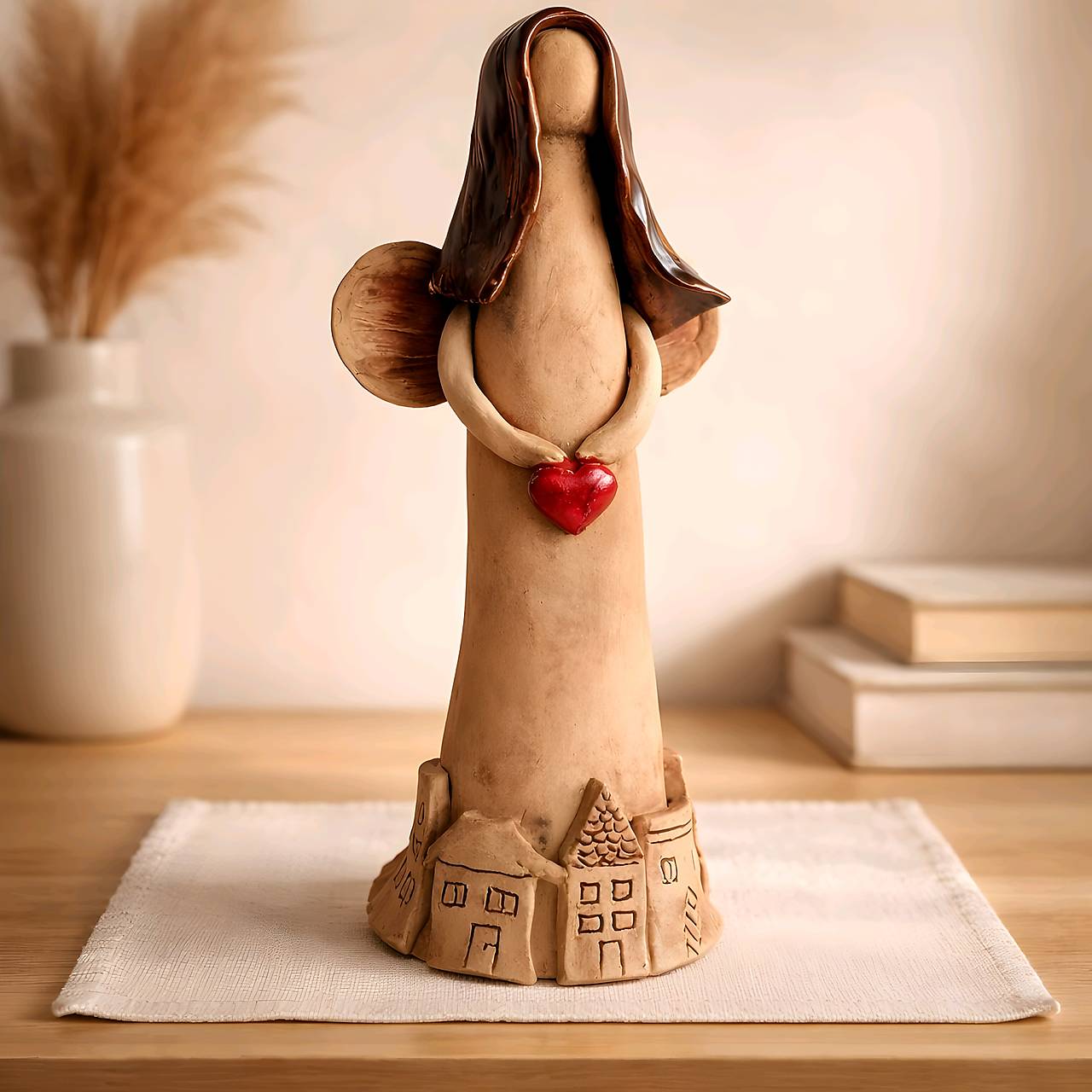 Handmade Ceramic Guardian Angel Figurine with Red Heart – Protector of the Home