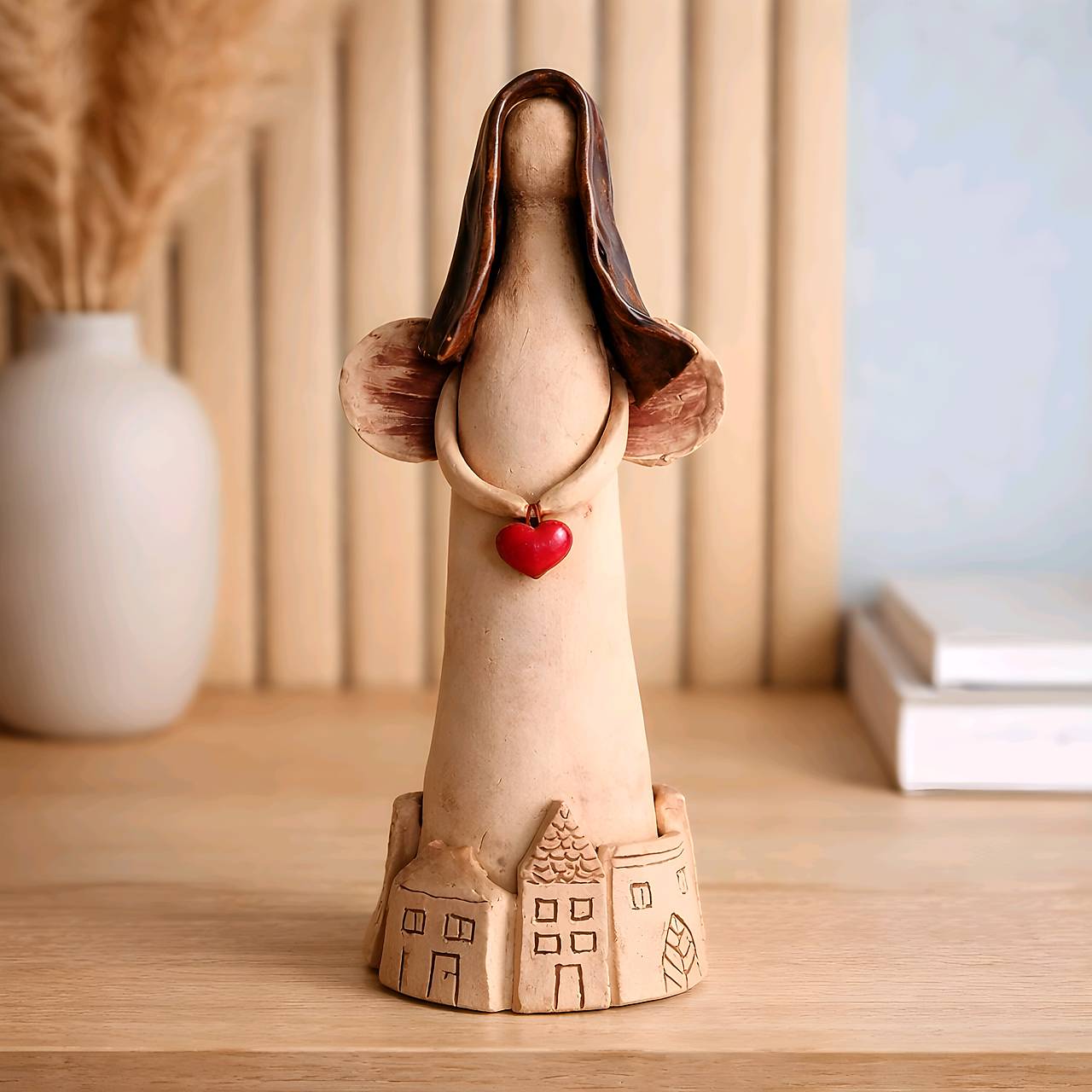 Handmade Ceramic Guardian Angel Figurine with Red Heart – Protector of the Home