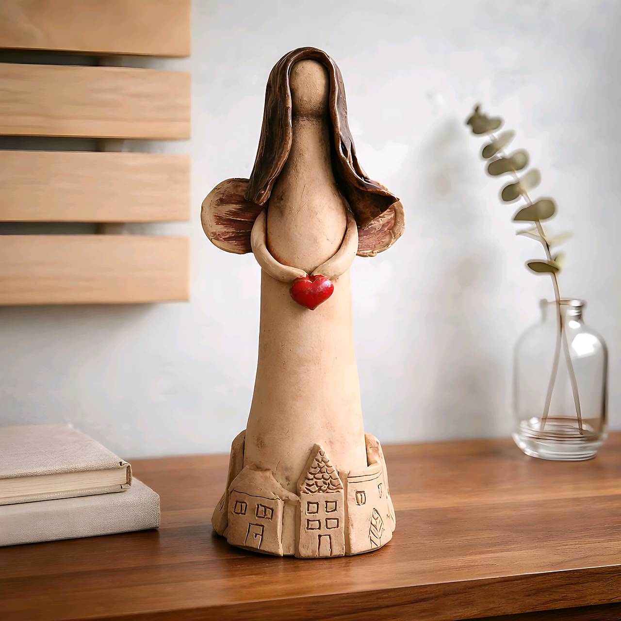 Handmade Ceramic Guardian Angel Figurine with Red Heart – Protector of the Home