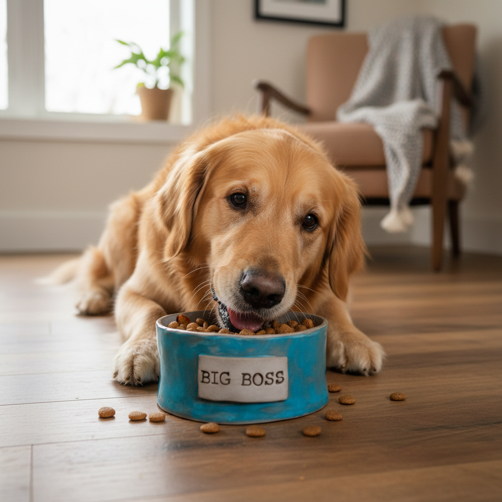 Ceramic Blue BIG BOSS ceramic pet bowl with dog