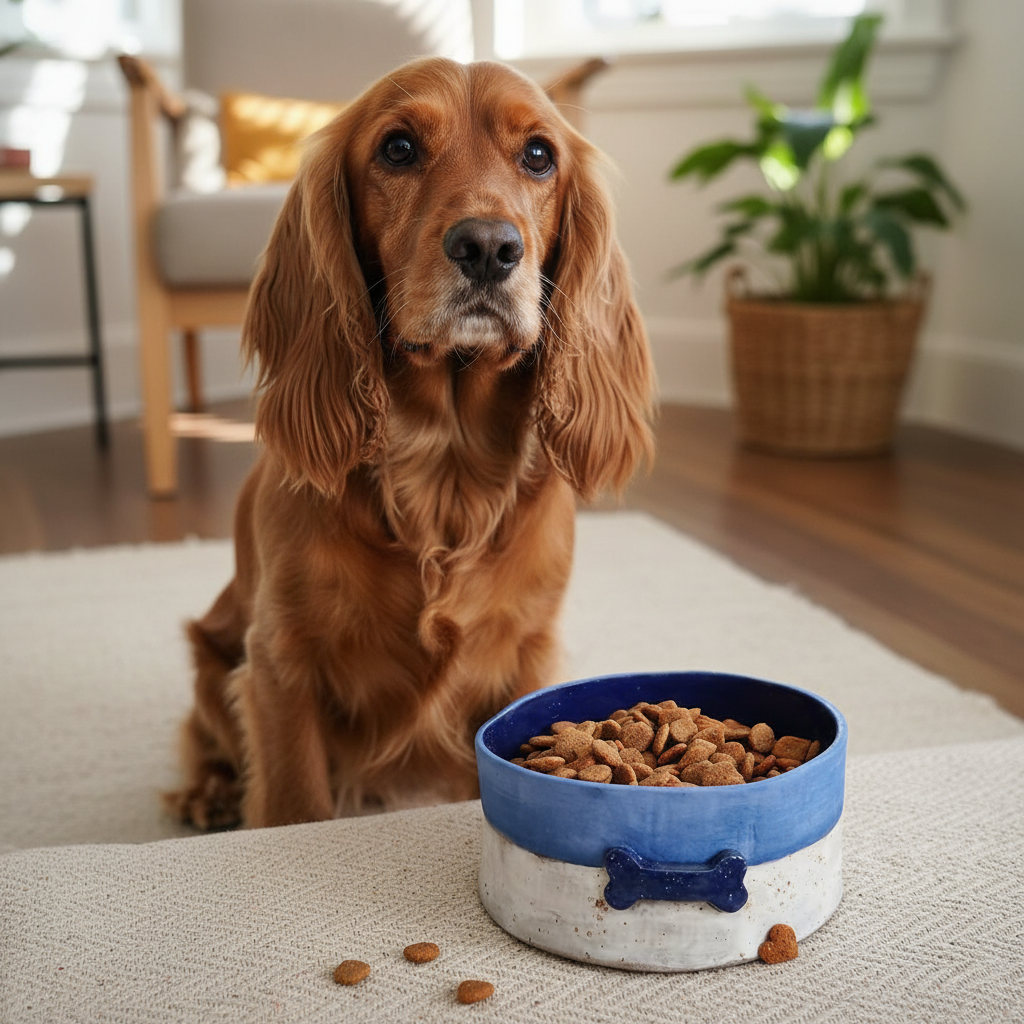Blue and white ceramic bowl with dog