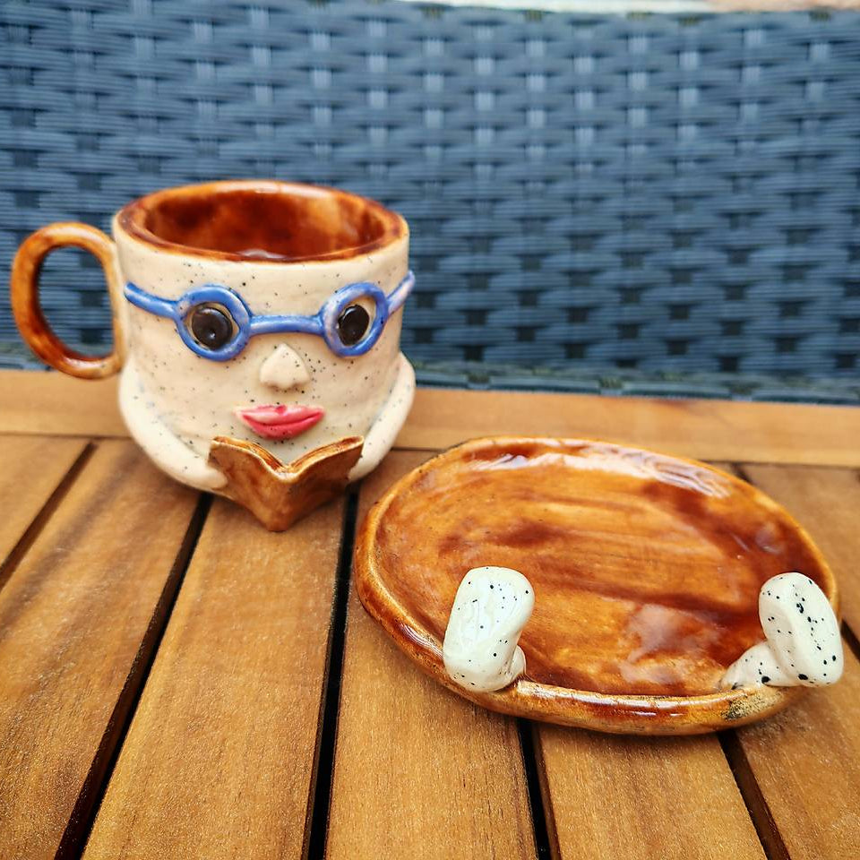 The "Bookworm" Handmade Ceramic Mug – 3D Sculpted Reading Lady with Glasses