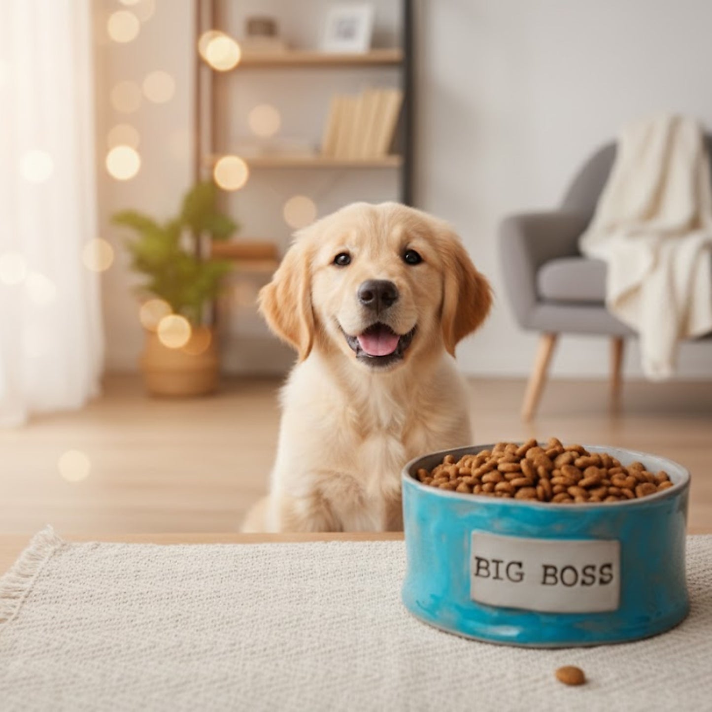 Dog sitting next to a bowl of kibble labeled 'BIG BOSS' in a cozy living room.