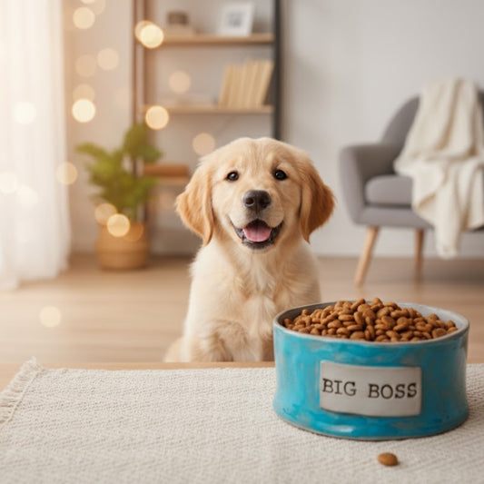 Dog sitting next to a bowl of kibble labeled 'BIG BOSS' in a cozy living room.