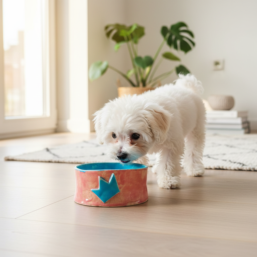 Ceramic pet bowl with small dog