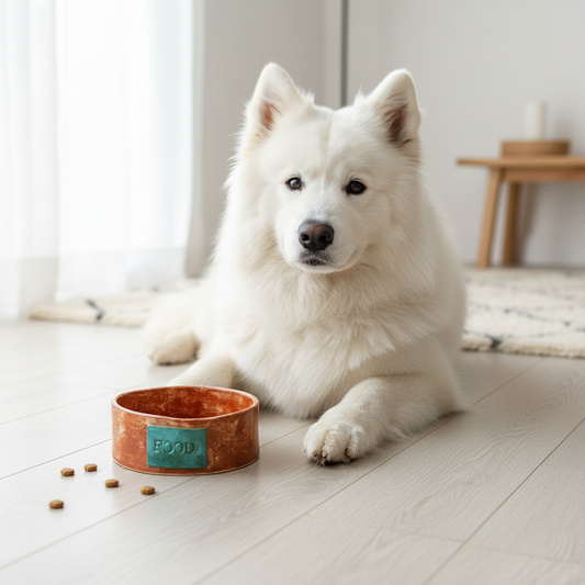 "Handcrafted ceramic dog bowl with turquoise FOOD label and warm orange-copper speckled glaze, shown with a happy dog in a bright, minimalist home setting"
