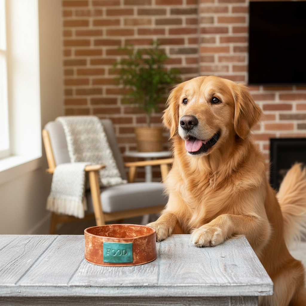 Dog with ceramic bowl