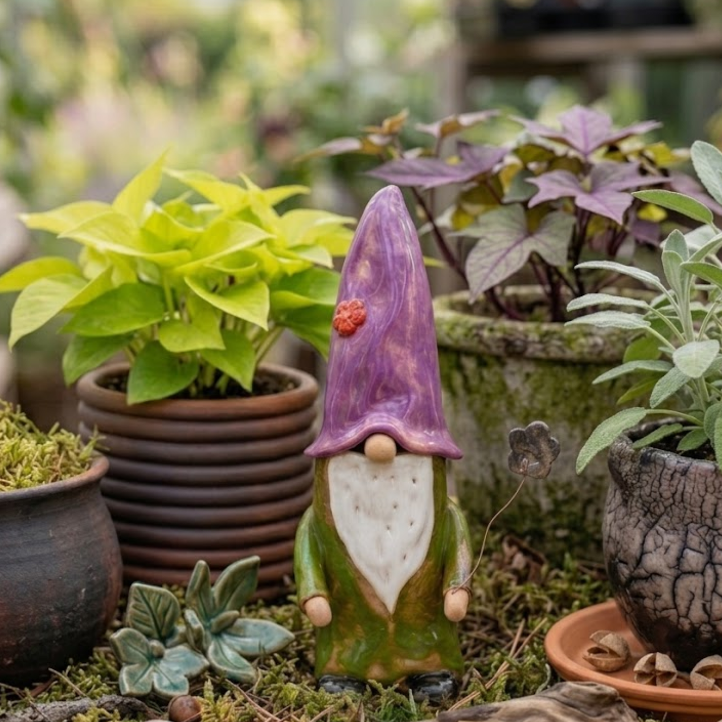 Handmade Ceramic Garden Gnome – "The Lavender Guardian" with Purple Hat