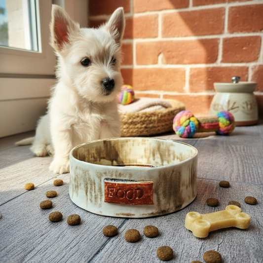 Handmade rustic ceramic pet bowl with a white crackle glaze, dark distressed accents, and a terracotta-colored plaque with the word FOOD stamped on the front and small puppy sitting next to the bowl