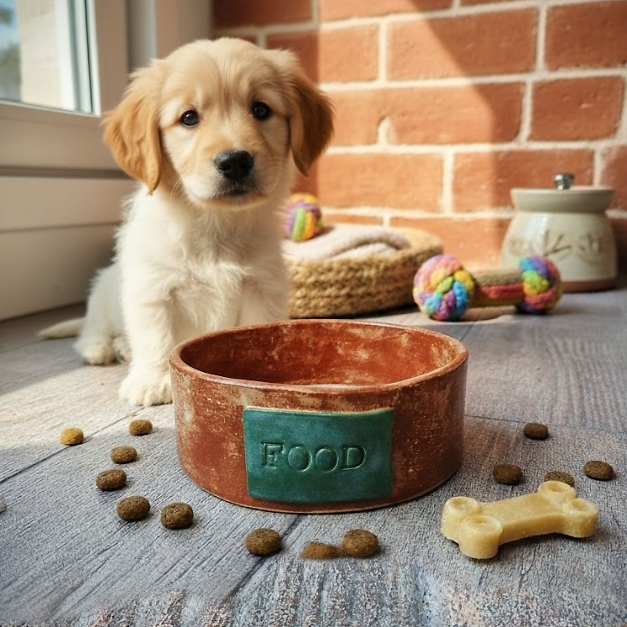 Handmade "Hungry Pup" Ceramic Pet Bowl – Terracotta & Teal