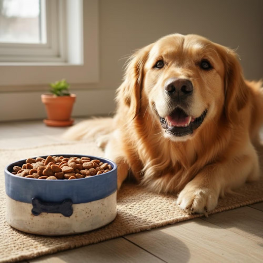 Handmade two-tone ceramic pet bowl with a cobalt blue top and speckled white bottom, featuring a blue bone detail, shown with a Golden Retriever in a sunlit room.