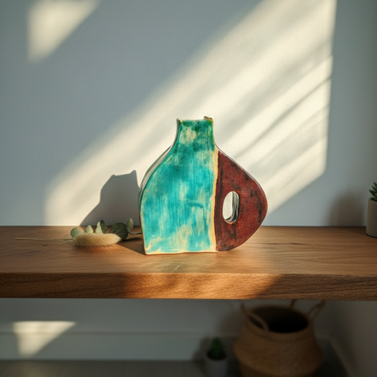 Handmade asymmetric ceramic vase with a vibrant turquoise blue glaze and a circular reddish-brown handle, styled on a wooden shelf with natural sunlight.
