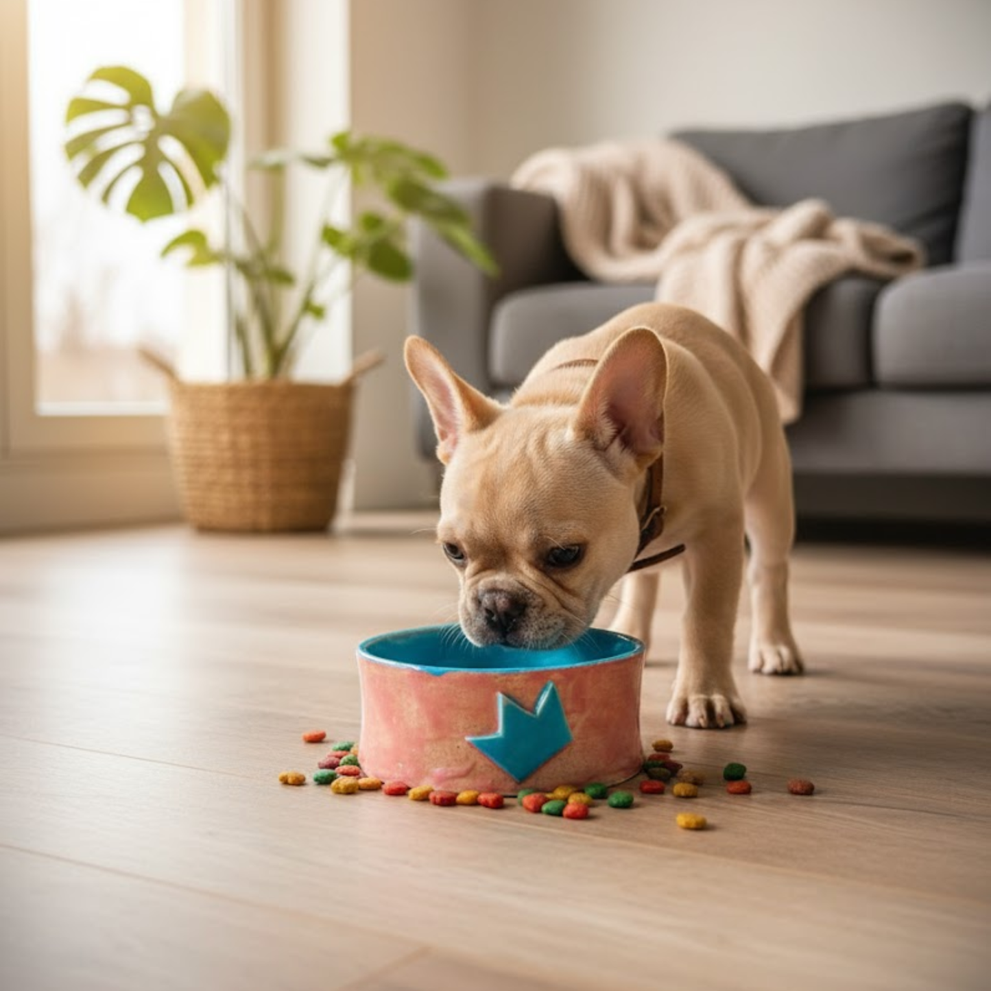 Handmade dusty rose ceramic pet bowl with a turquoise crown detail, shown with a French Bulldog puppy in a bright, modern living room.