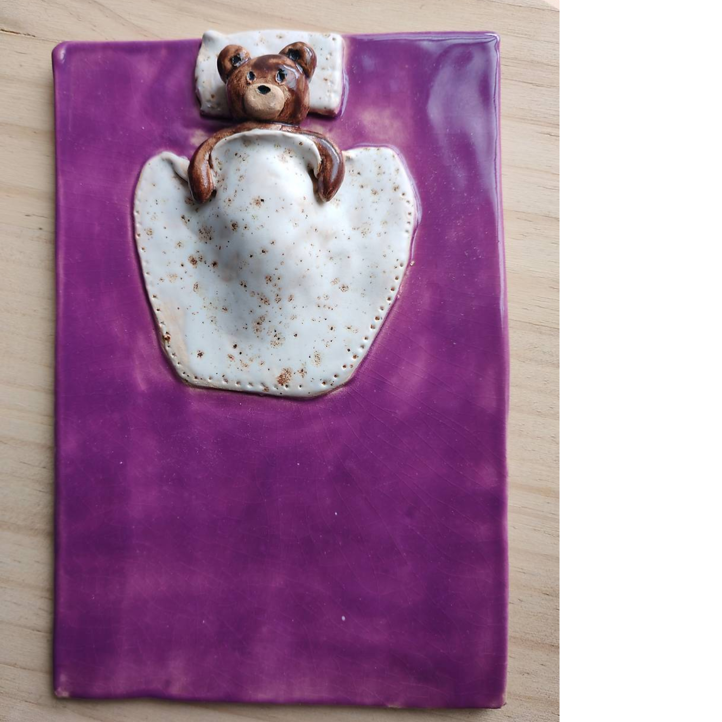 Handmade "Sleepy Bear" Ceramic Serving Plate – Lilac & Speckled White