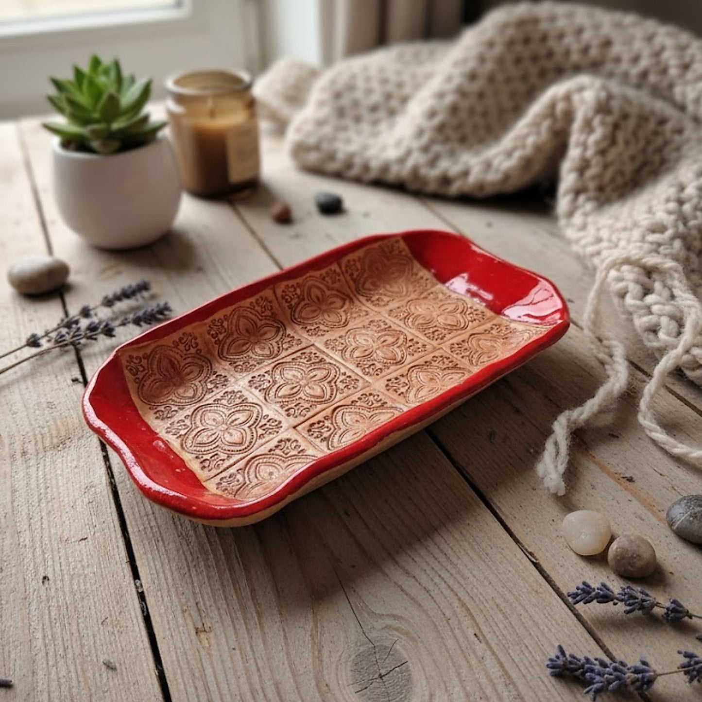 Handmade Red Ceramic Serving Tray with Embossed Ornaments – Artisan Stoneware